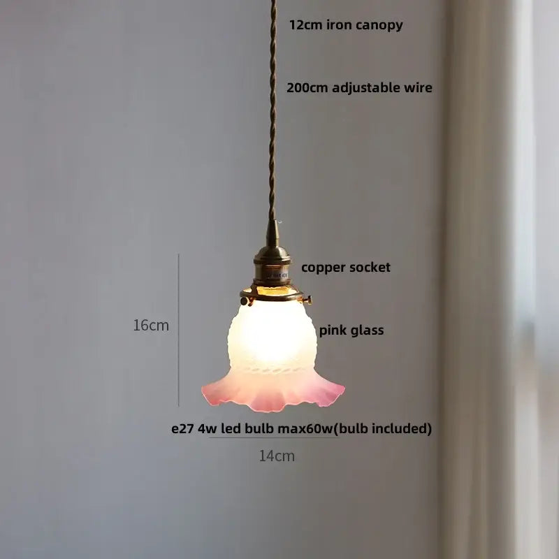 Matte brown and copper decorbites ceramic walnut pendant light with pink glass shade and adjustable wire suspension