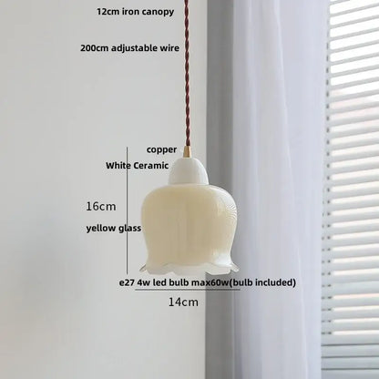 Matte brown and copper ceramic walnut pendant light with white ceramic and yellow glass bell shade by decorbites ceramic walnut pendant