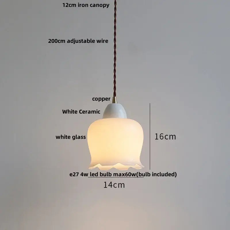 Matte brown and copper ceramic walnut pendant light with delicate white ceramic and glass lamp and adjustable 200cm wire suspension