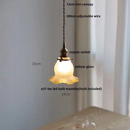 Matte brown and copper ceramic walnut pendant light with 12cm iron canopy twisted copper wire and yellow glass shade