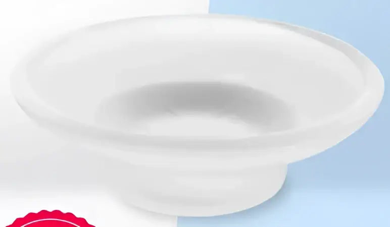 Matte clear glass soap dish with lid featuring a clear translucent plastic dish and smooth rounded rim bathroom accessory