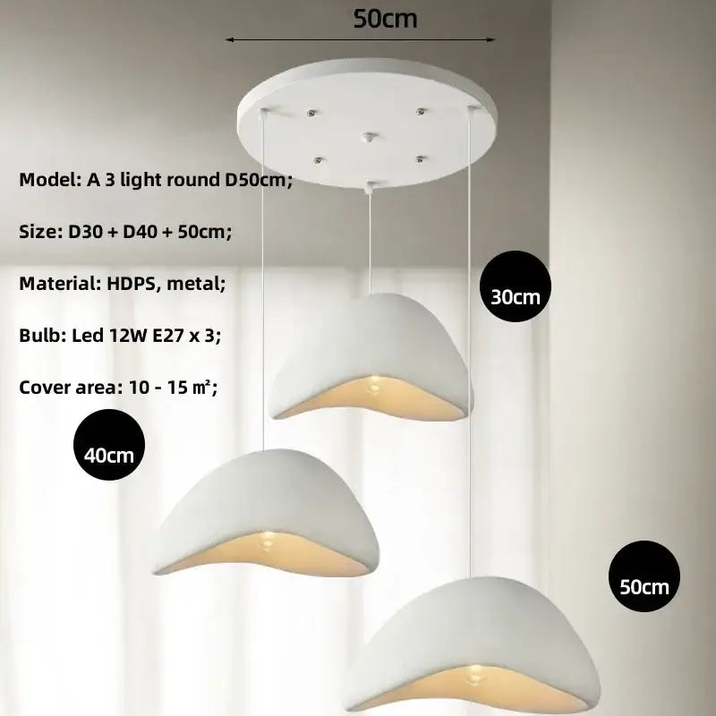 Matte gray led wabi sabi chandelier with three curved dome-shaped hdps and metal shades for dining room lighting