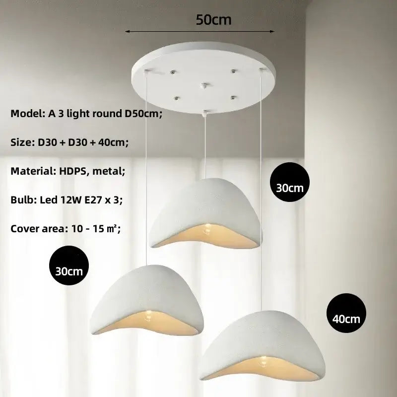 Matte gray led wabi sabi chandelier with modern white hdps and metal pendant light featuring three curved glowing shades