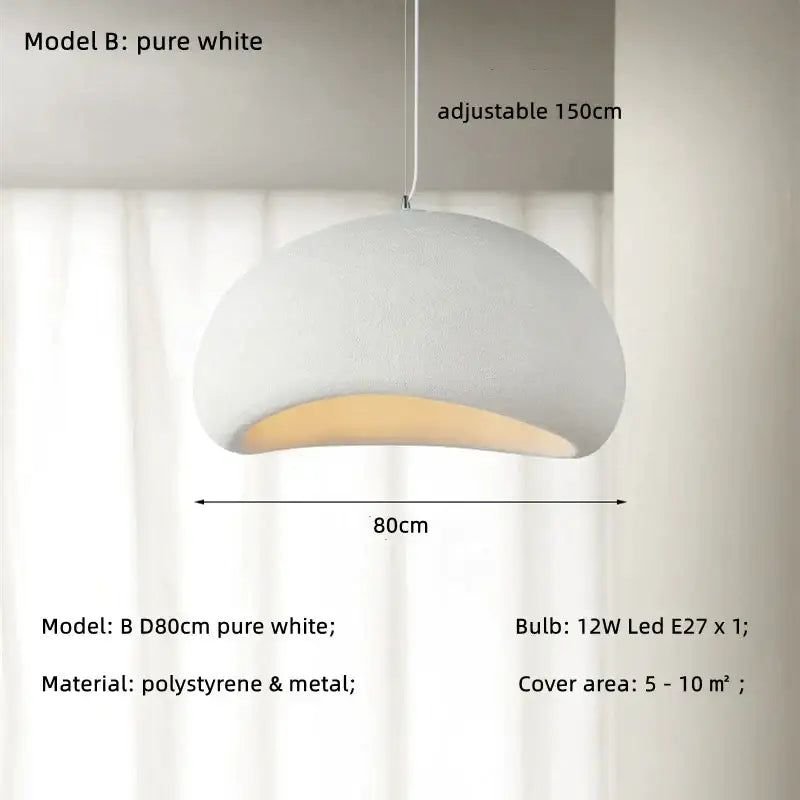 Matte gray led wabi sabi chandelier featuring a pure white dome-shaped pendant light with textured polystyrene and metal
