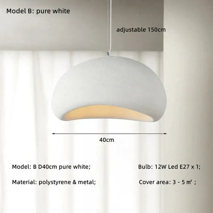 Pure white dome led wabi sabi chandelier with textured polystyrene and metal, adjustable 150cm hanging length for dining room
