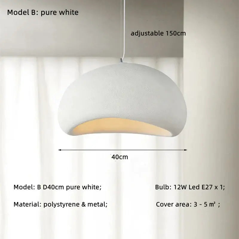 Pure white dome led wabi sabi chandelier with textured polystyrene and metal, adjustable 150cm hanging length for dining room