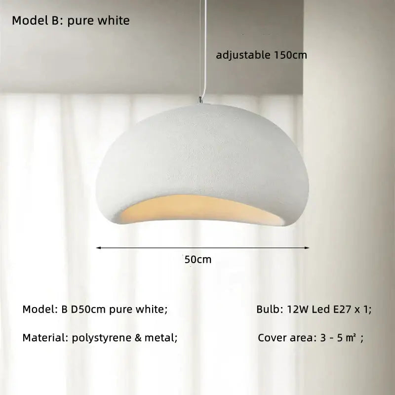 A sleek dome-shaped led wabi sabi chandelier pendant light in matte gray polystyrene and metal with warm led glow
