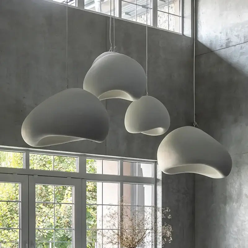 Matte gray led wabi sabi chandelier with white cloud-shaped pendant lights and smooth matte finish for dining room