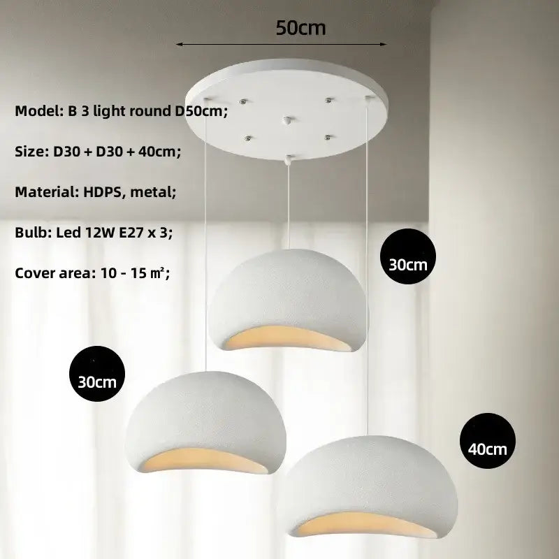 Matte gray led wabi sabi chandelier with white dome pendant lights and warm led bulbs in varied hanging lengths