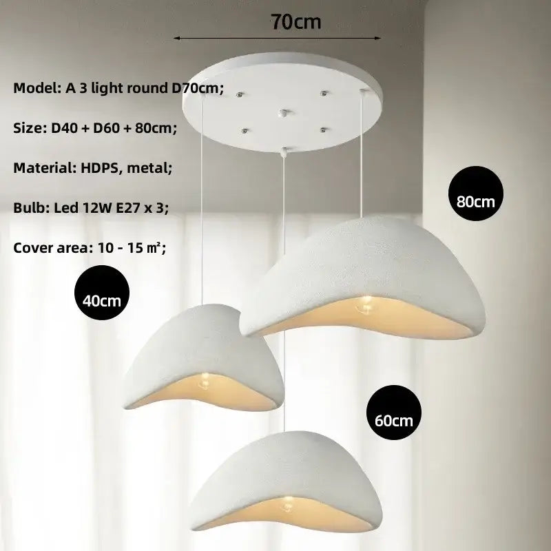 Matte gray led wabi sabi chandelier pendant light with three white hdps curved shell-like metal shades for dining room use