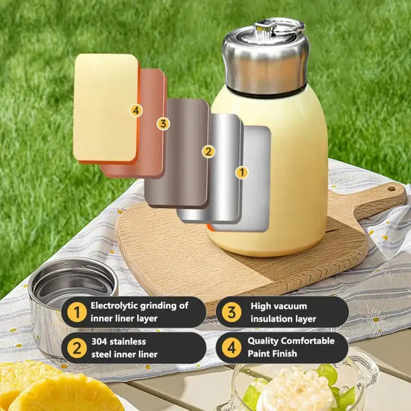 Cream-colored insulated matte pastel stainless steel vacuum flask with stainless steel lid and inner lining for travel