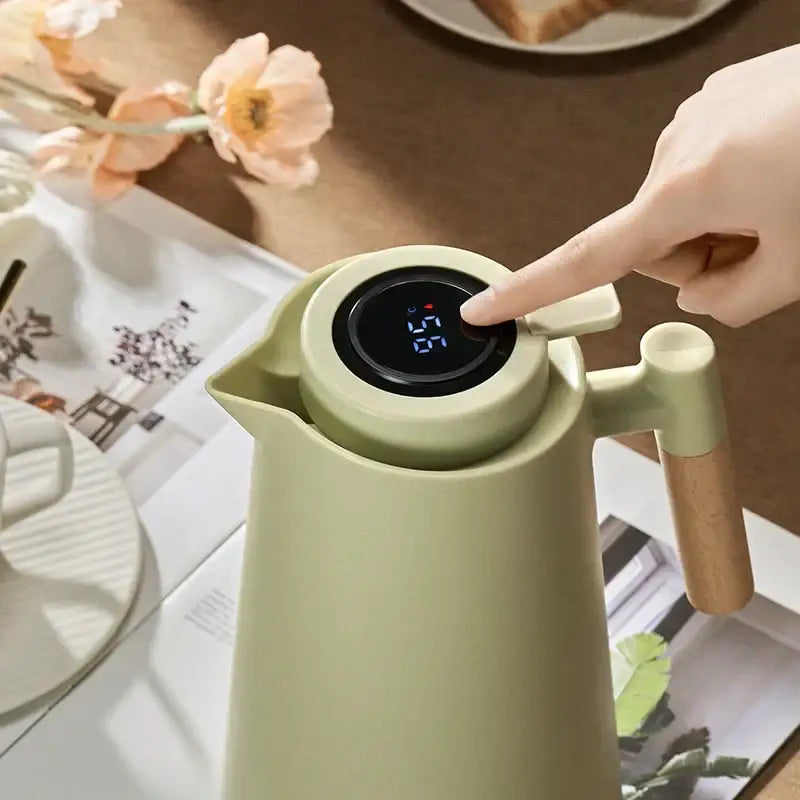 Matte sage green decorbites insulation kettle thermos bottle with digital temperature display and wooden handle in mint green