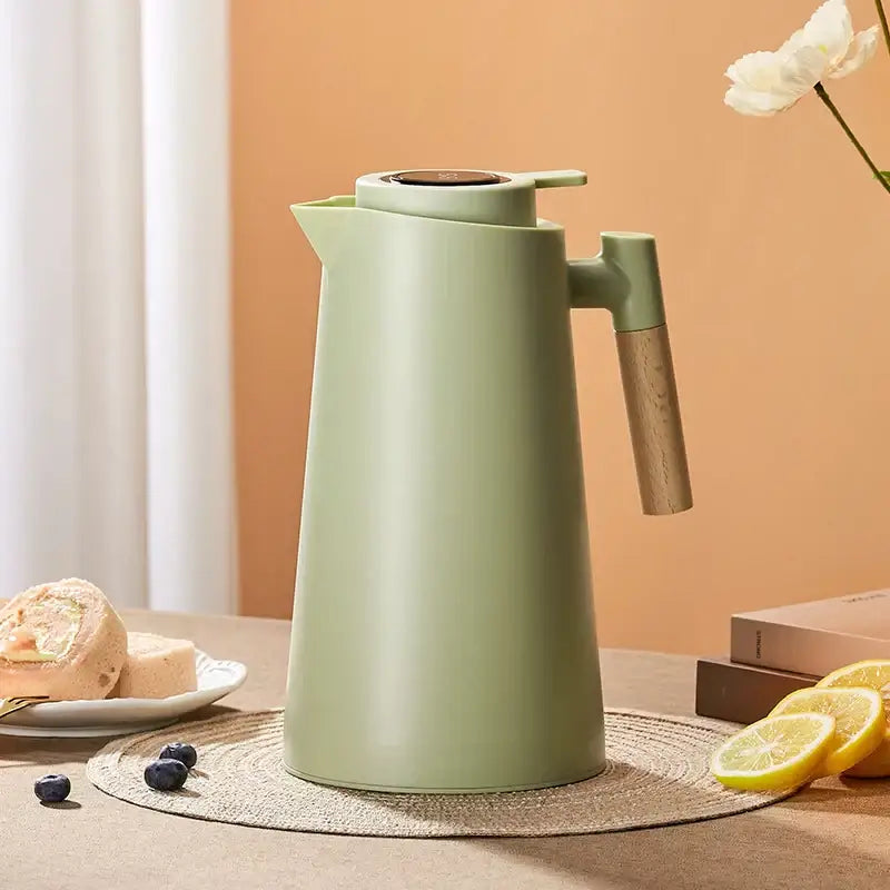 Matte sage green decorbites insulation kettle thermos bottle with mint green body wooden handle and dark brown lid