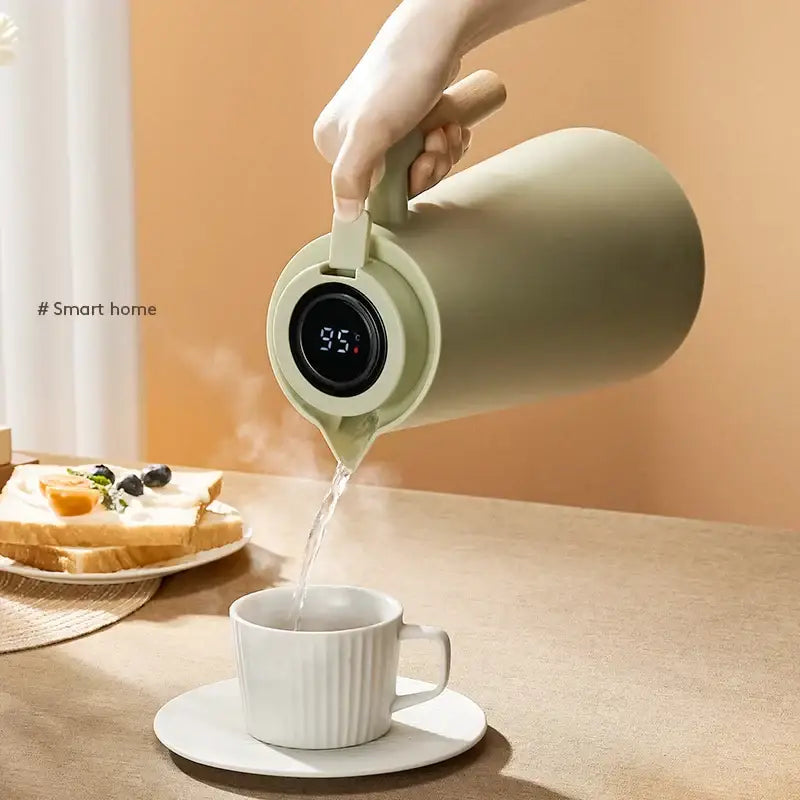 Matte sage green decorbites insulation kettle thermos bottle with mint green digital thermostat and wooden handle display