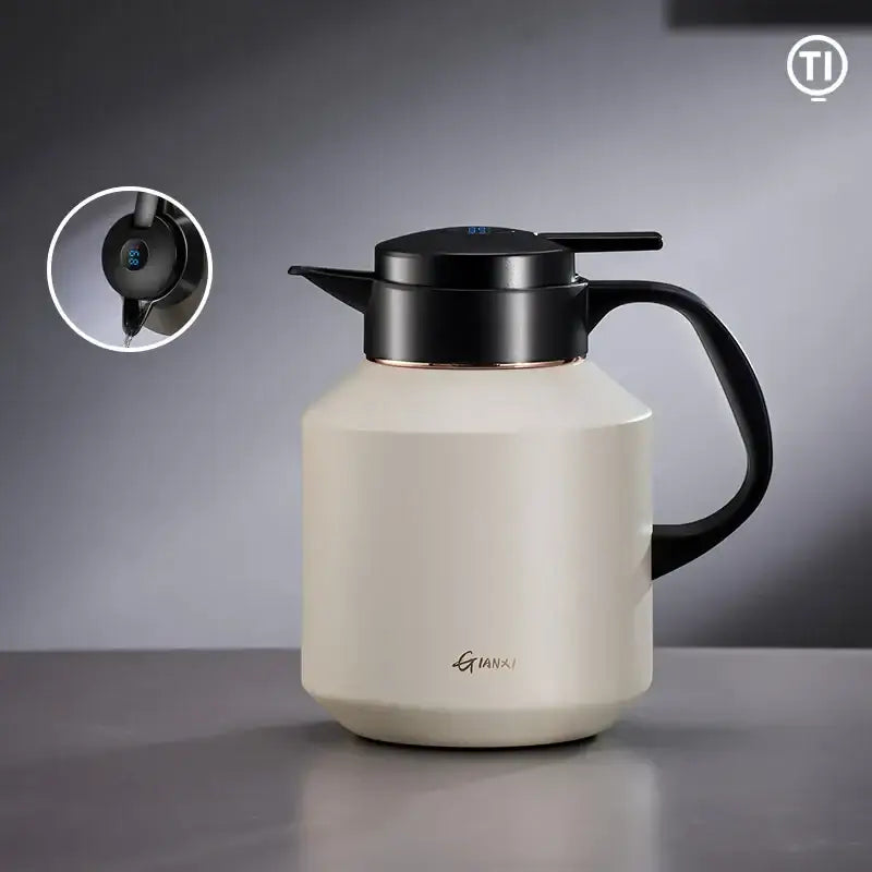 Cream-colored matte stainless steel decorbites insulation pot with black lid handle and digital temperature display