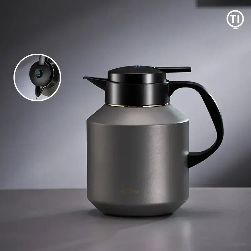 Matte gray stainless steel thermal carafe with black lid and handle featuring sleek modern design decorbites insulation pot