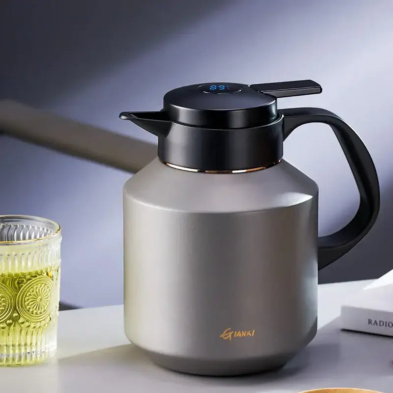 Matte stainless steel decorbites insulation pot in silver tone with black lid handle and digital display top
