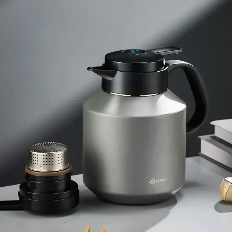 Silver stainless steel decorbites insulation pot kitchen vacuum flask with black lid handle and digital display top