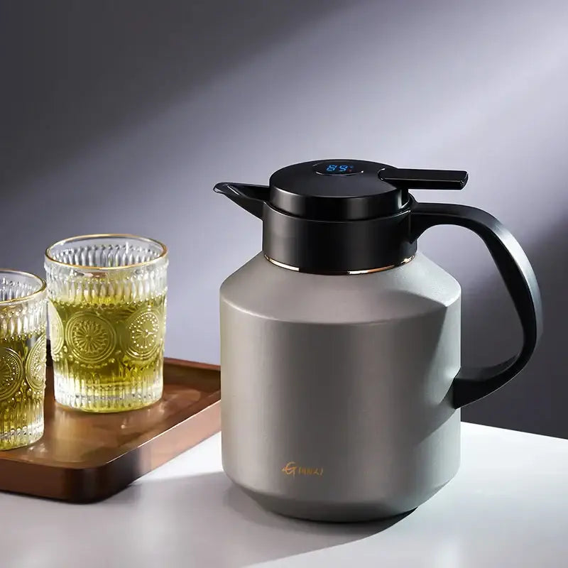 Matte gray stainless steel decorbites insulation pot with black lid handle and digital display for kitchen use