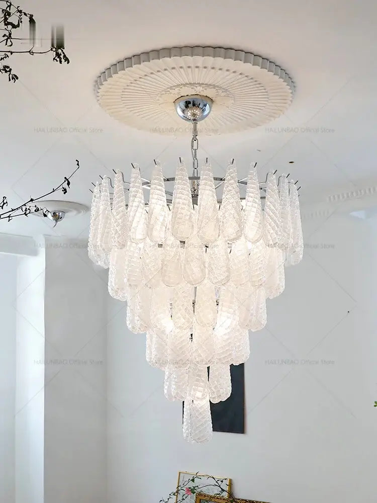 Medieval cascading crystal glass chandelier with translucent teardrop shades for dining room by decorbites crystal glass