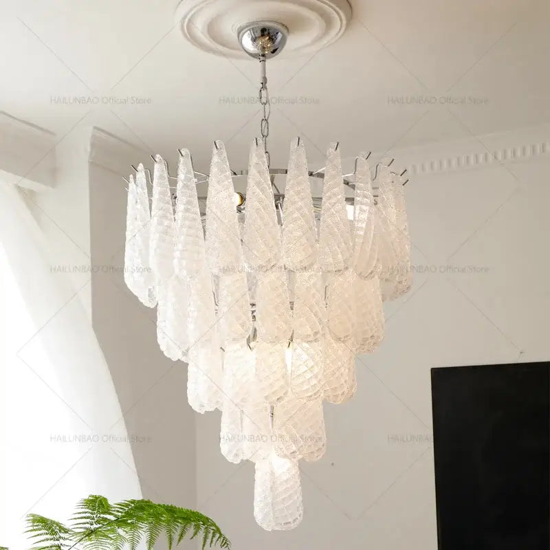 Medieval cascading crystal glass chandelier with translucent textured glass shades for dining room decorbites crystal glass