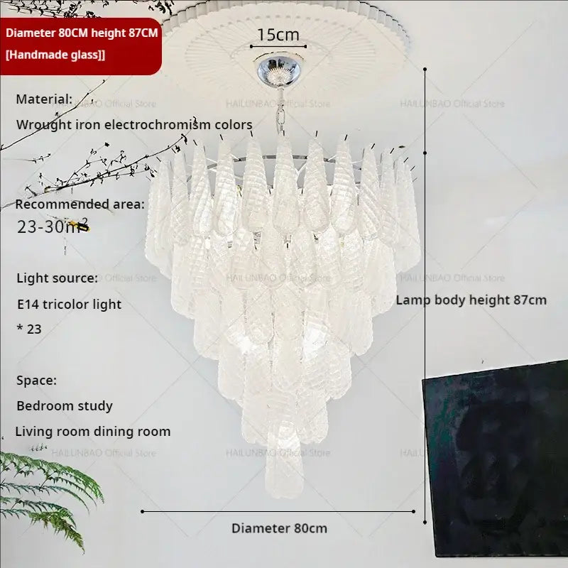 Medieval cascading crystal glass chandelier with translucent handcrafted glass shades on wrought iron frame decorbites crystal glass