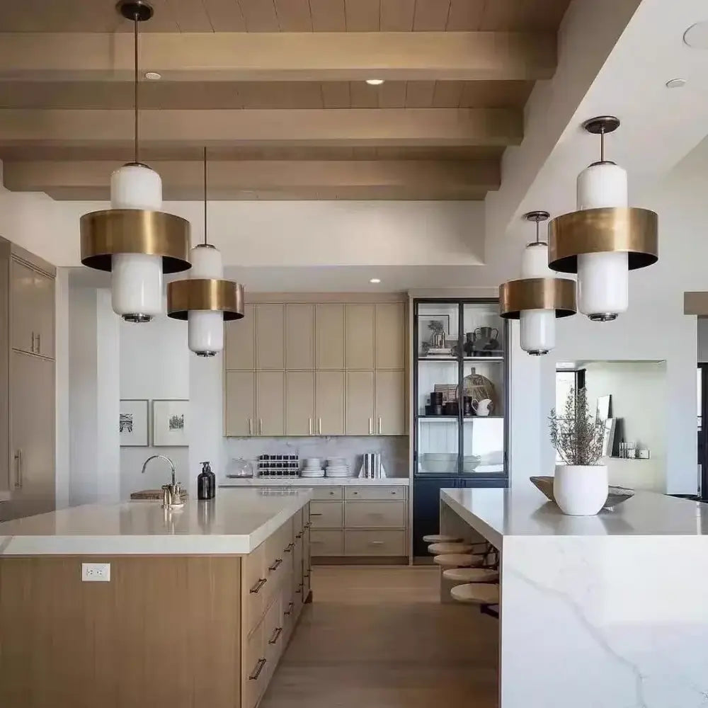 Modern medieval gold glass brass pendant light with white glass shades and gold-toned rings for dining room decorbites glass brass