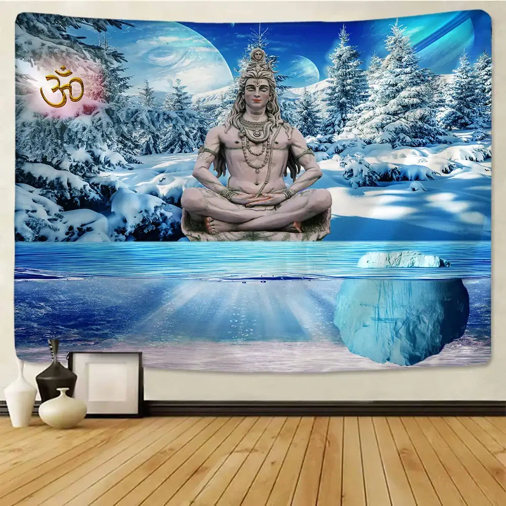 Meditative blue and white buddhism wall hanging tapestry featuring a serene deity with snowy trees and celestial decorbites buddhism wall