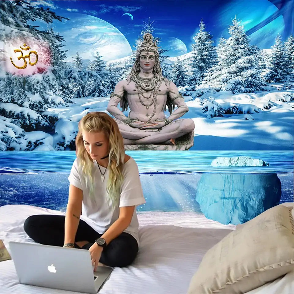 Silver apple laptop resting on meditative blue and white buddhism wall hanging tapestry for bedroom decorbites decorbites buddhism wall