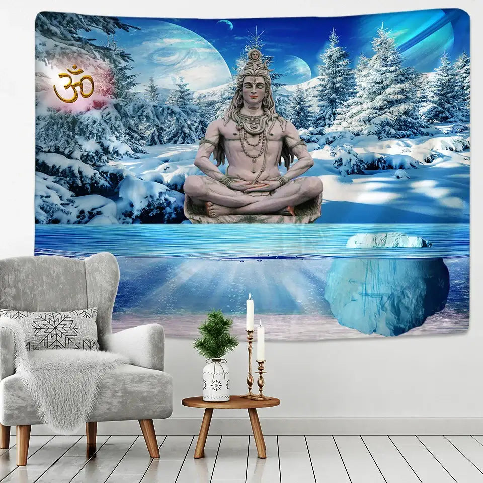 Meditative blue and white buddhism wall hanging tapestry featuring shiva in a snowy landscape for bedroom decorbites decorbites buddhism wall