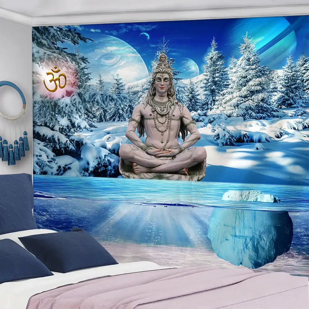 A detailed light gray stone-like seated deity with jewelry on a snowy backdrop in a buddhism wall hanging tapestry