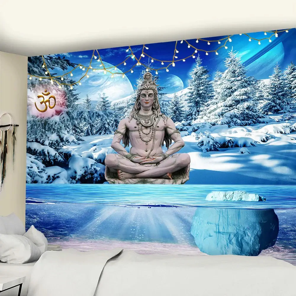 Meditative blue and white buddhism wall hanging tapestry featuring a serene deity in snowy landscape for bedroom decor