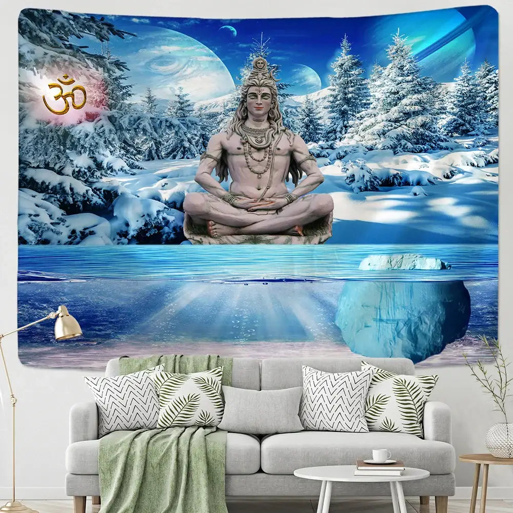 A vibrant blue and white buddhism wall hanging tapestry featuring a serene meditative deity for bedroom decorbites decor