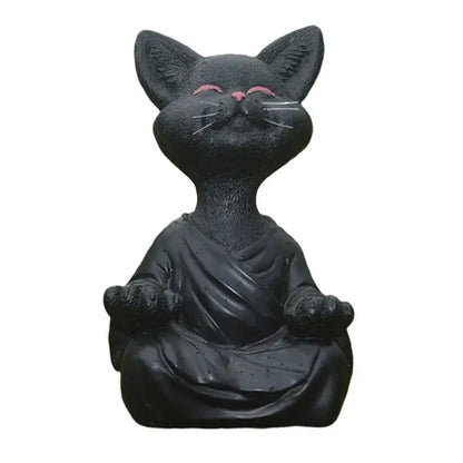 Black buddha cat ceramic figurine with pink eyes and nose wearing draped robe in meditative pose decorbites black buddha