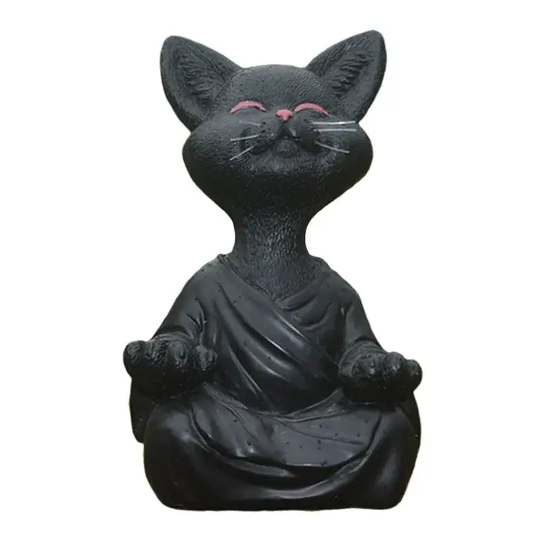Black buddha cat ceramic figurine with pink eyes and nose wearing draped robe in meditative pose decorbites black buddha