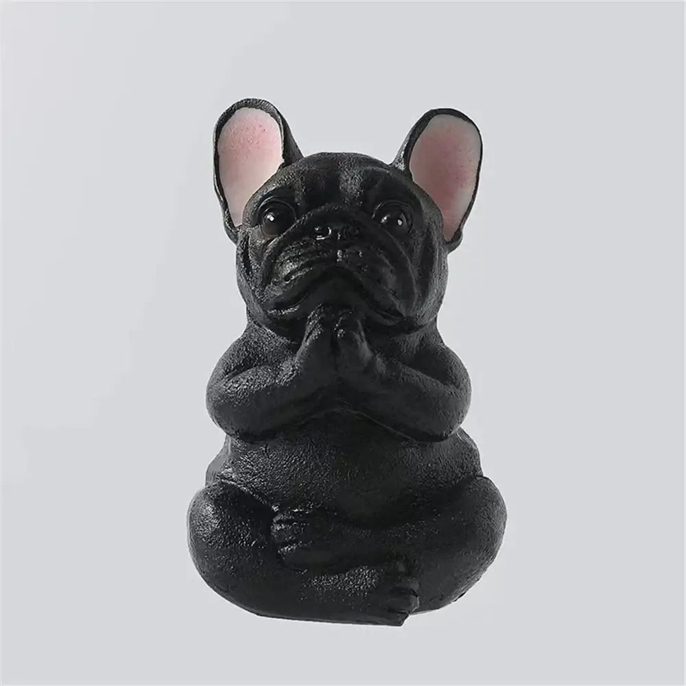 Black french bulldog resin statue with pink inner ears in meditative pose from decorbites bulldog resin garden decor set