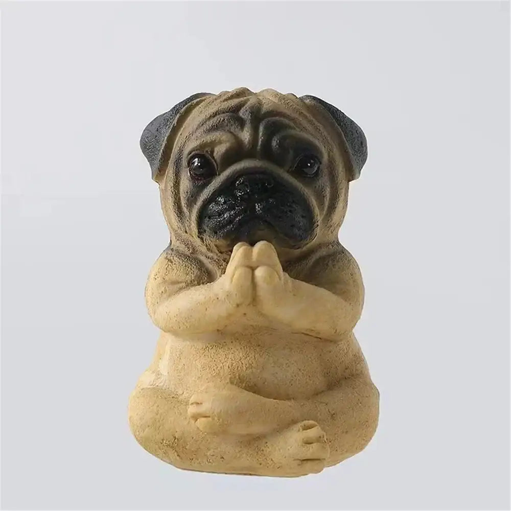 Meditative glossy bulldog resin statue set features a tan and black pug figurine in a meditative pose decorbites bulldog resin