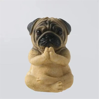 Meditative glossy bulldog resin statue set features a tan and black pug figurine in a meditative pose decorbites bulldog resin