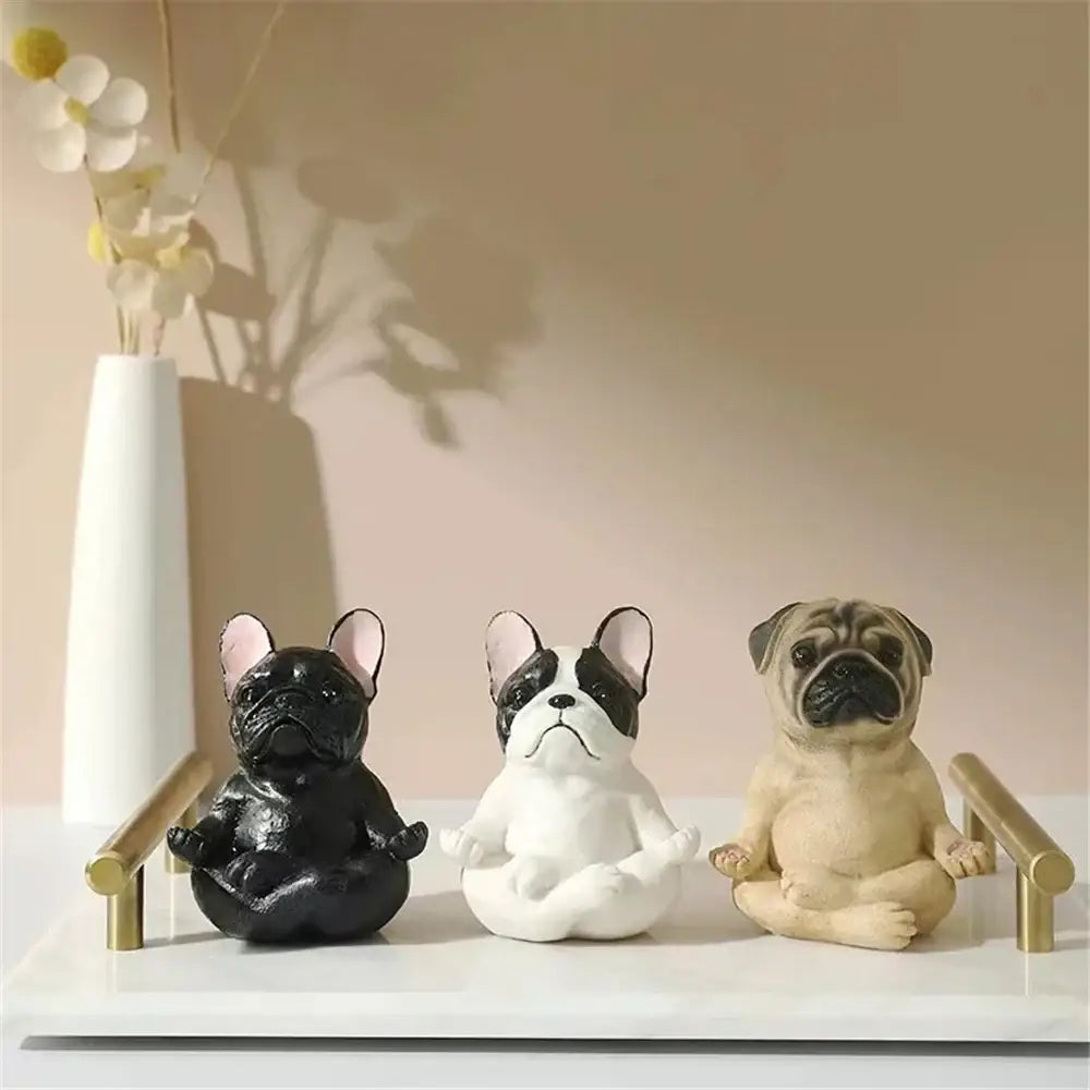 Three miniature meditative bulldog resin statues in black, white-black, and fawn for decorbites bulldog resin garden decor