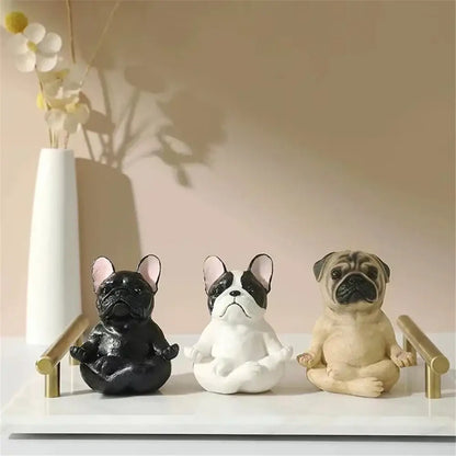 Three miniature meditative bulldog resin statues in black, white-black, and fawn for decorbites bulldog resin garden decor