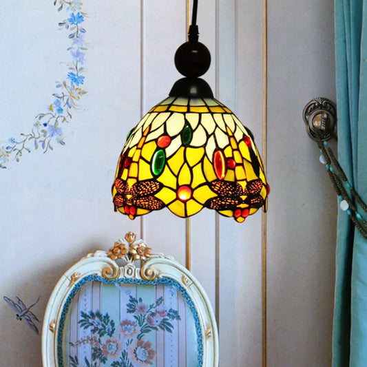 Mediteranean Dragonfly Cut Glass Pendant Lamp in Black/Red/Yellow - Perfect for Corridors