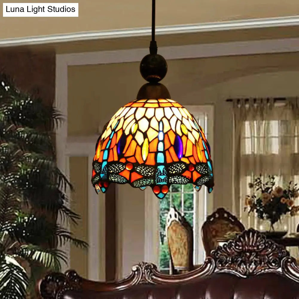 Mediteranean Dragonfly Cut Glass Pendant Lamp in Black/Red/Yellow - Perfect for Corridors