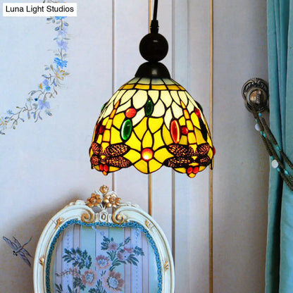 Mediteranean Dragonfly Cut Glass Pendant Lamp in Black/Red/Yellow - Perfect for Corridors