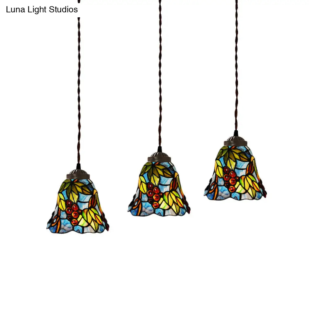 Mediterranean 3-Light Multi Pendant with Stained Glass Shades in Pink/Blue/Green