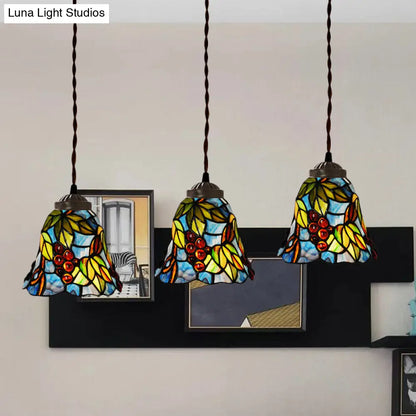 Mediterranean 3-Light Multi Pendant with Stained Glass Shades in Pink/Blue/Green