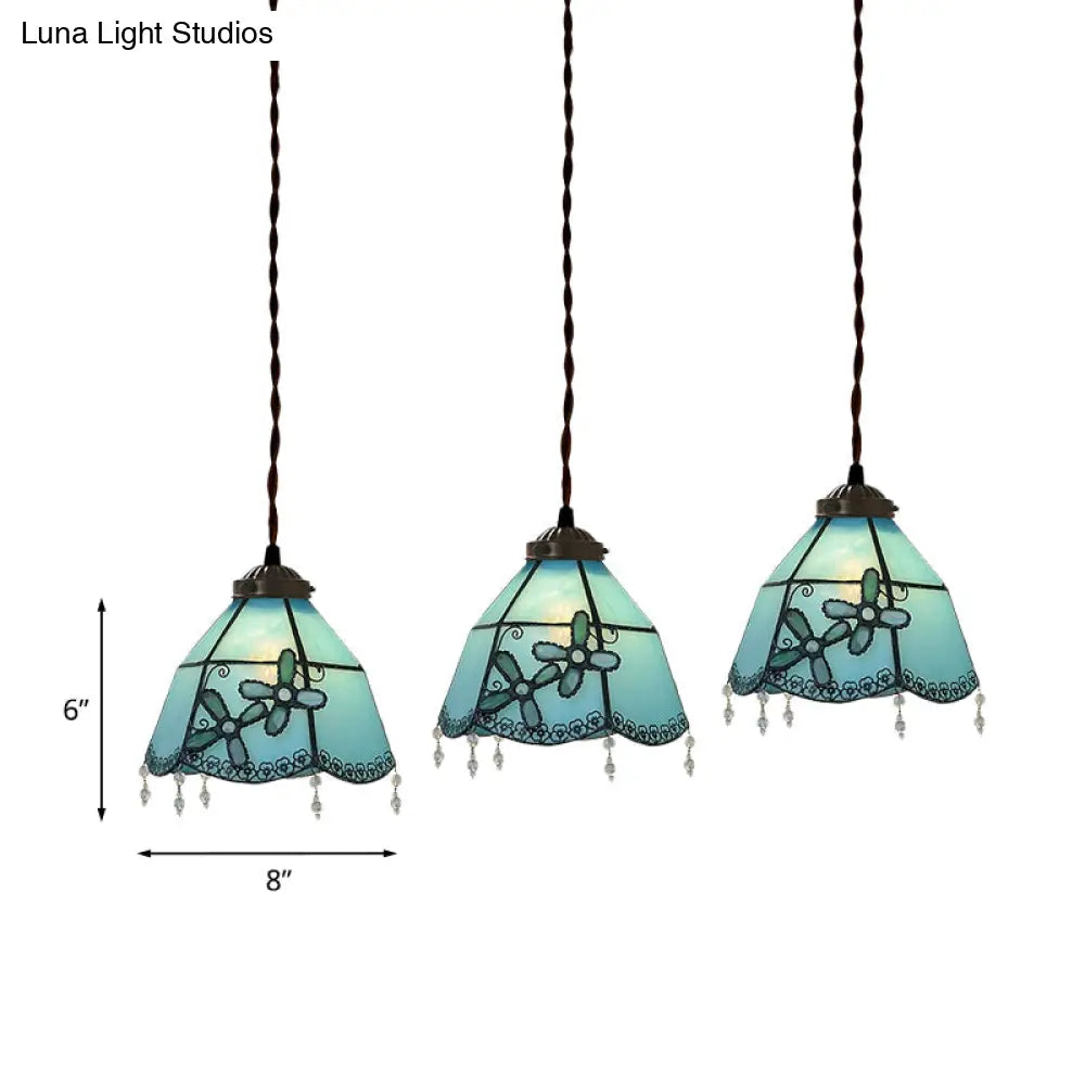 Mediterranean 3-Light Multi Pendant with Stained Glass Shades in Pink/Blue/Green