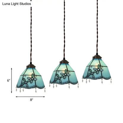 Mediterranean 3-Light Multi Pendant with Stained Glass Shades in Pink/Blue/Green