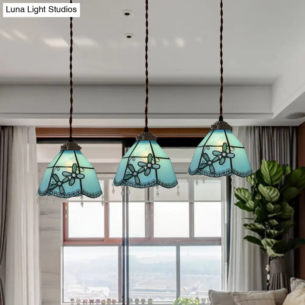 Mediterranean 3-Light Multi Pendant with Stained Glass Shades in Pink/Blue/Green