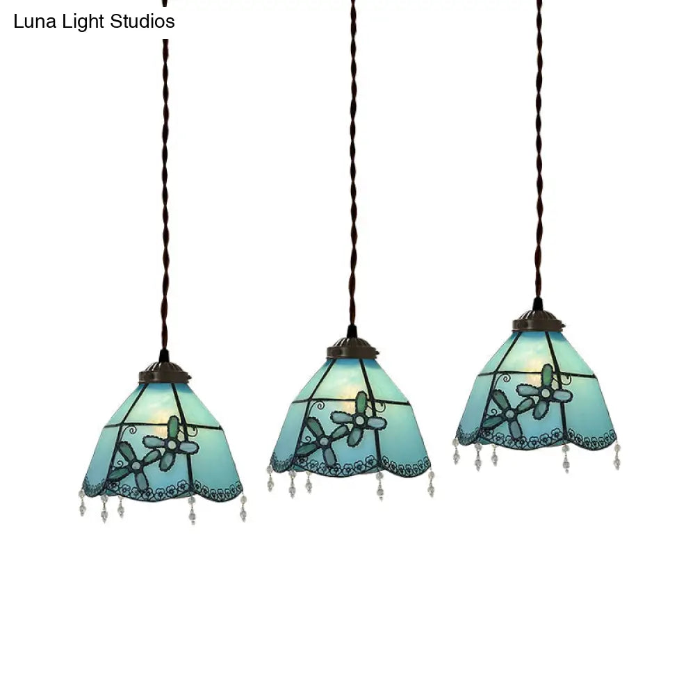 Mediterranean 3-Light Multi Pendant with Stained Glass Shades in Pink/Blue/Green