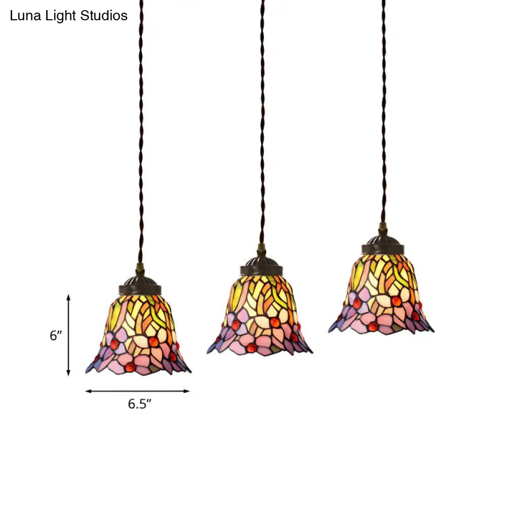 Mediterranean 3-Light Multi Pendant with Stained Glass Shades in Pink/Blue/Green